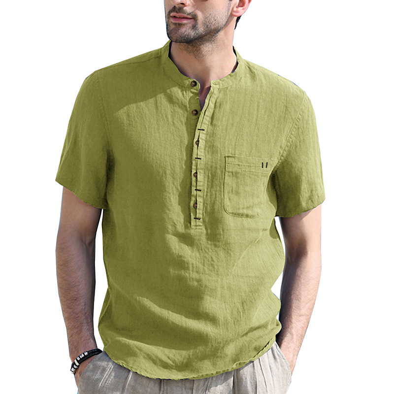 Foreign trade cross-border men's clothing Henry collar solid color short-sleeved shirt Amazon European and American men's cotton and linen shirt wholesale supply
