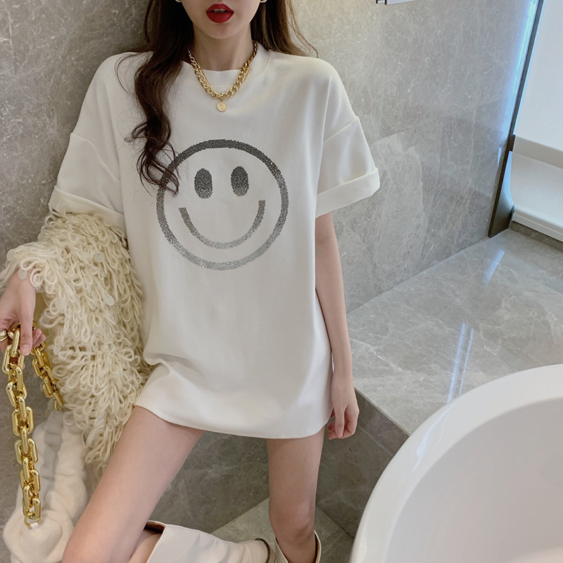 Smiley printed loose short sleeve T-shirt women's 2023 spring and summer new casual bottoming shirt women's top a generation of hair
