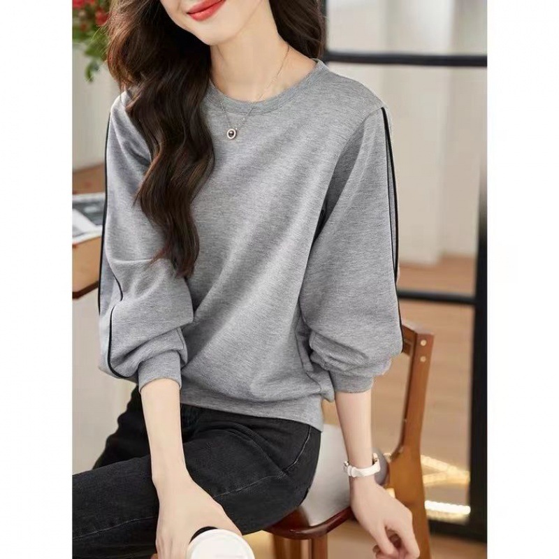 Plus size simple texture sweater women's loose 2022 autumn new contrast color stitching long sleeve all-match T-shirt top