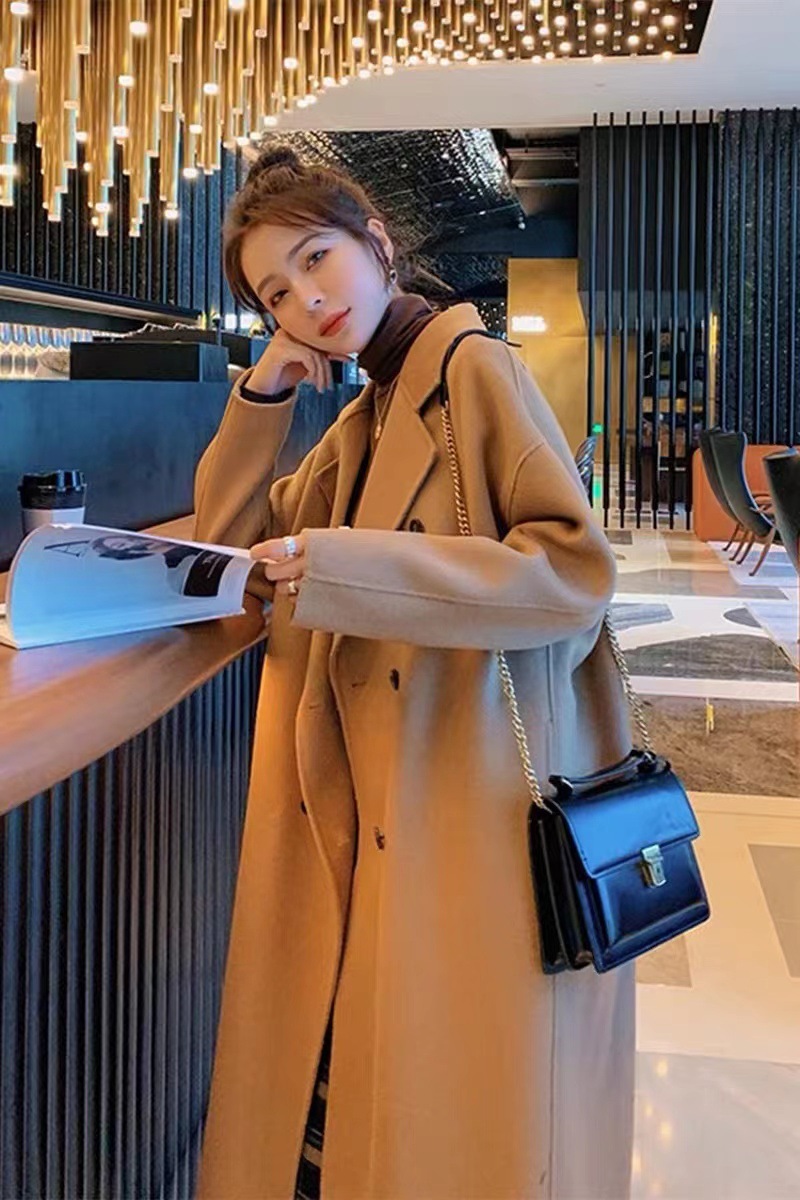 2022 Camel Woolen Coat Women's Mid-length Autumn and Winter Elegant Korean Fashion Double-breasted Woolen Coat Trendy_voghion.com
