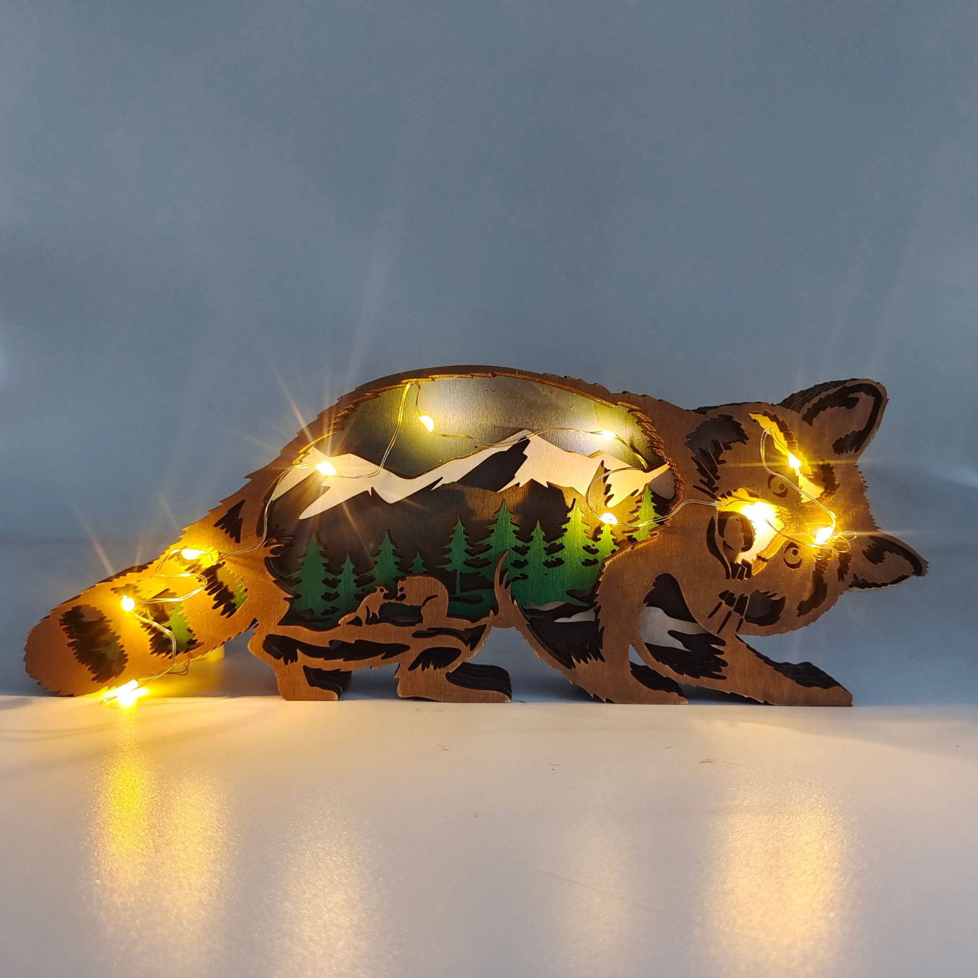 新款木質工藝品擺飾創意聖誕節家居裝飾品木製3D雕刻動物燈飾擺件