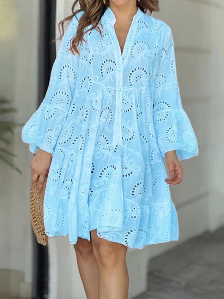 In stock 2023 European and American cross-border spring and summer Amazon solid color V-neck loose embroidery hollow lace dress