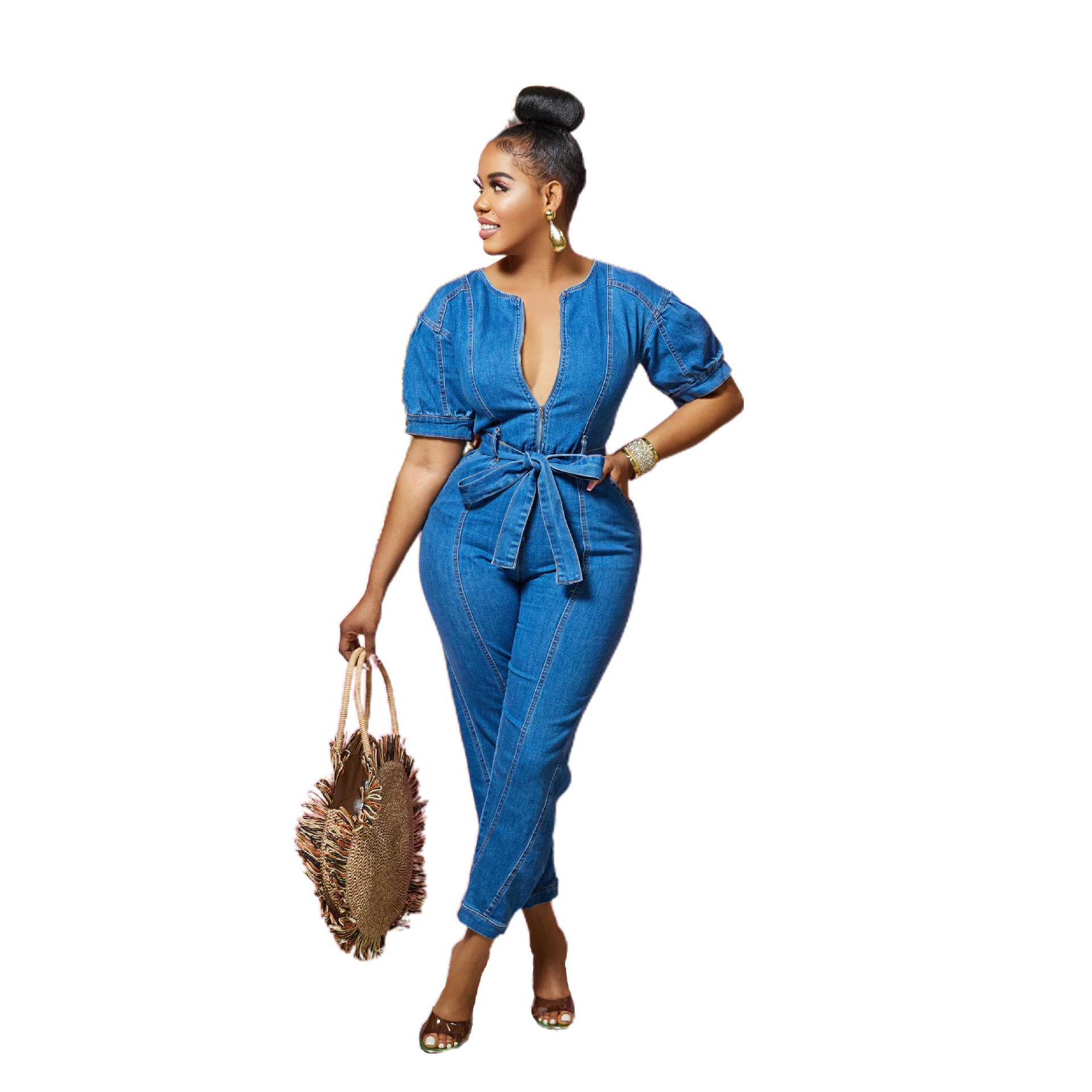 Amazon eBay hot-selling jumpsuit women's European and American new sexy fashion temperament blue washed cross-border jumpsuit