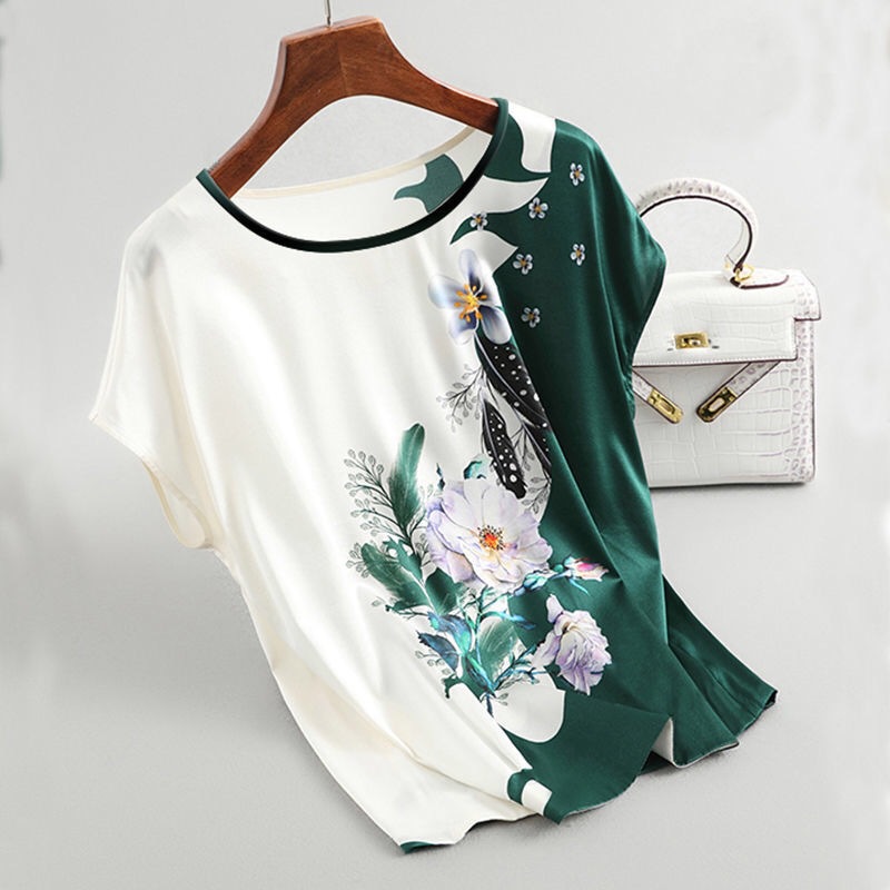 Ice Silk T-shirt Women's Middle-aged and Elderly Mother's 2023 New Style Western Style Large Size Top Printed Loose Slimming Base Shirt