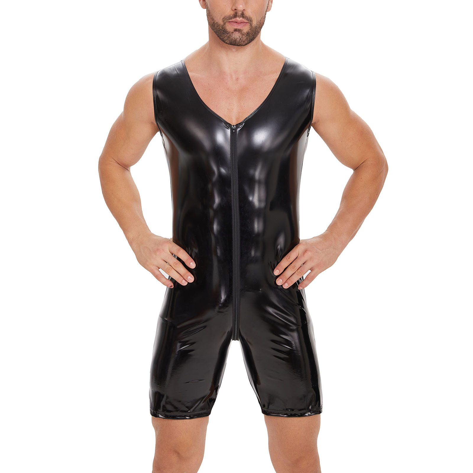 Cross-border European and American men's mirror bright leather jumpsuit sexy zipper open file with no odor accurate size