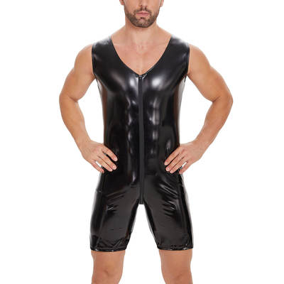 Cross-border European and American men's mirror bright leather jumpsuit sexy zipper open file with no odor accurate size