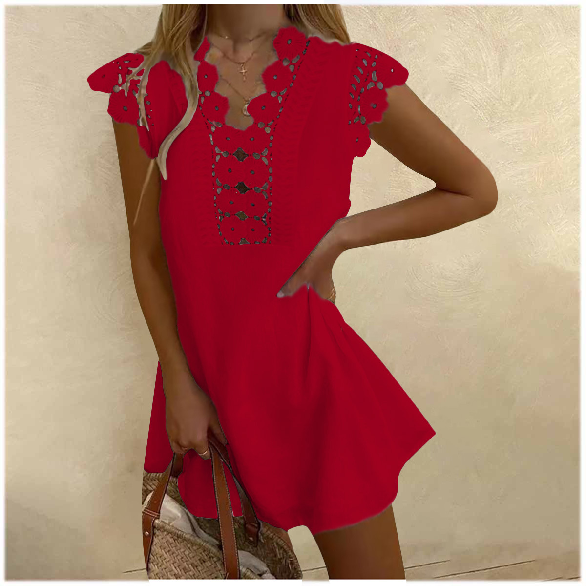 Amazon AliExpress wish independent station cross-border ladies solid color washed wrinkled lace summer cool dress