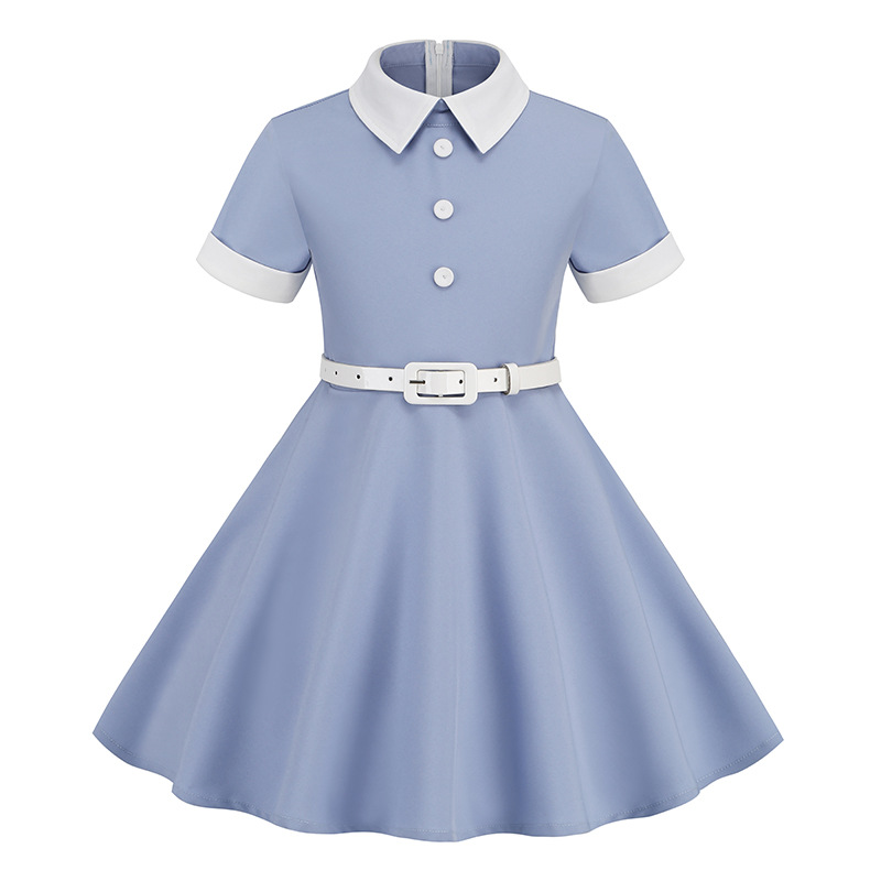 Amazon cross-border European and American Girls' Foreign trade dress short-sleeved belt stitching retro children's clothing dress