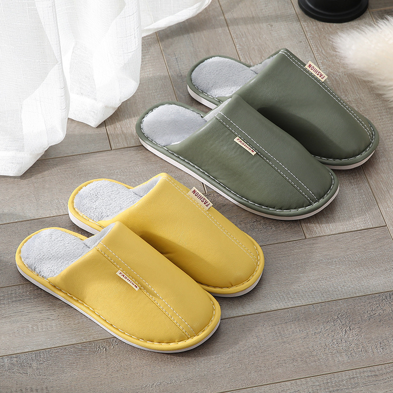 Winter leather cotton slippers women's waterproof non-slip adult home warm indoor winter PU leather slippers men's lovers