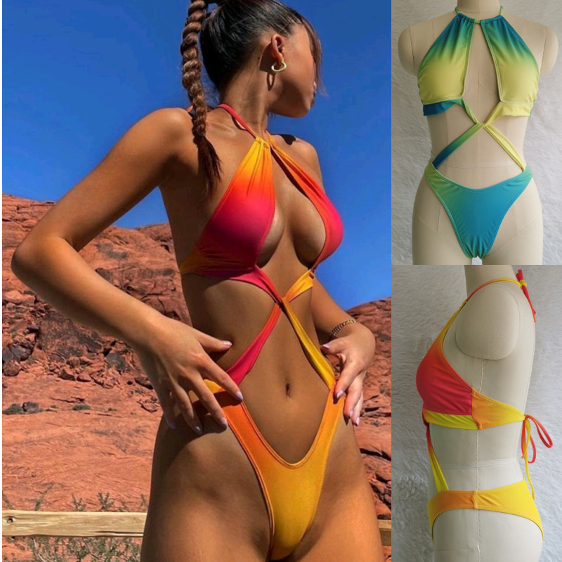 Pengxiang 2022 New European and American One-piece Swimsuit African Gradient Sexy Cross Gathered One-piece Swimsuit 2215