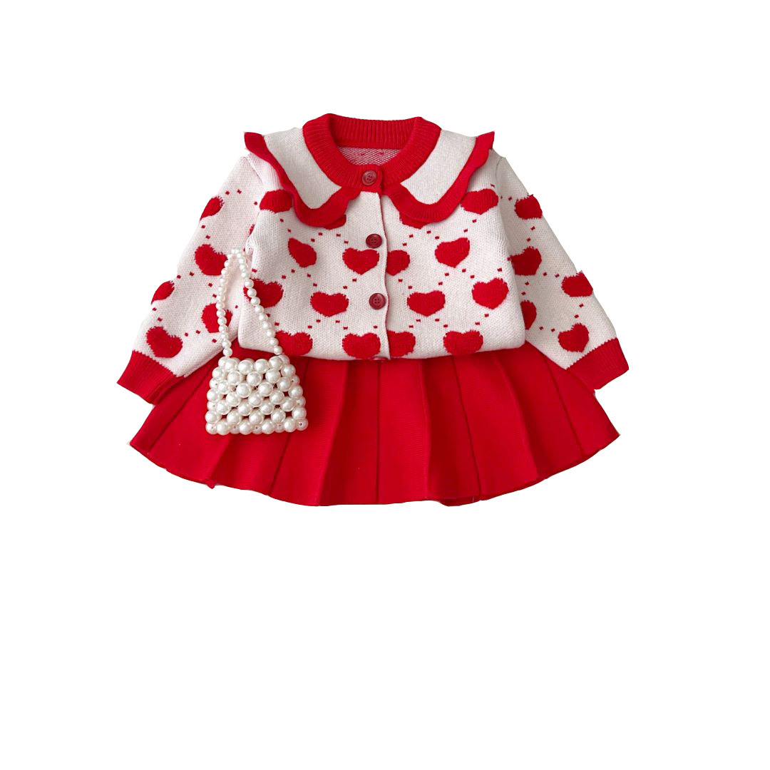 JINYONG Baby Girl Sweater Dress Girls' Knitted Two-Piece Dress Korean-Style Heart-Shaped Towel Embroidered Cardigan Dress