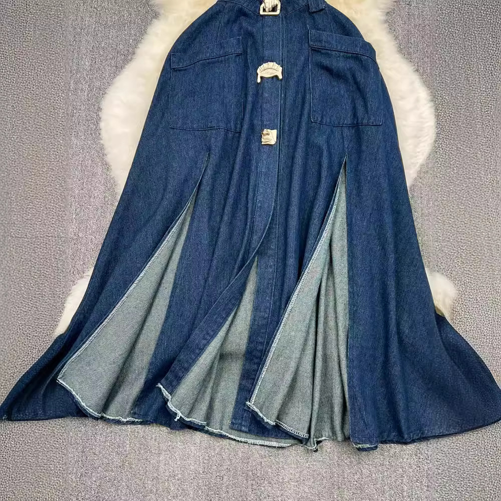 Retro lapel hollow-out waist slimming sleeveless single-breasted A- line split Denim dress casual dress