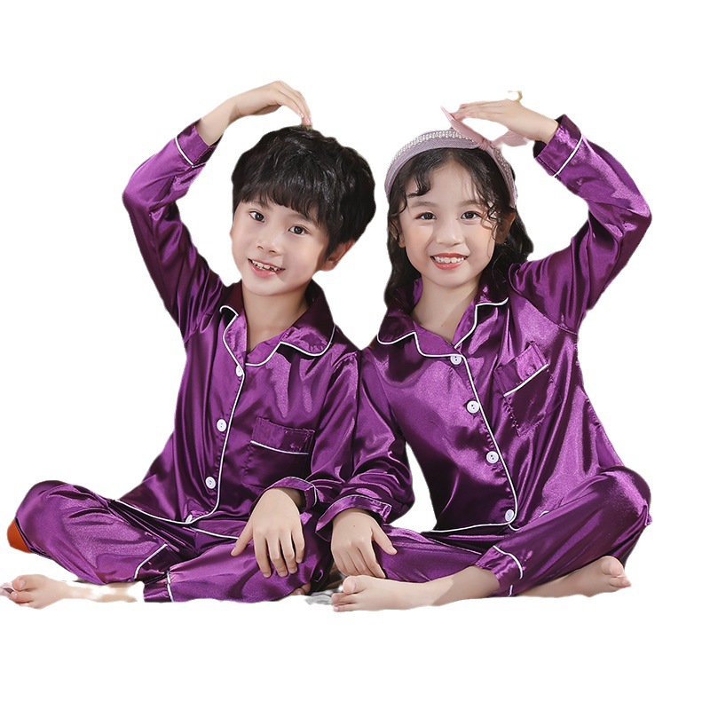 Spring and Autumn Children's Pajamas Children's Long-sleeved Pajamas Silk Solid Color Korean-style Boy's Thin Home Suit
