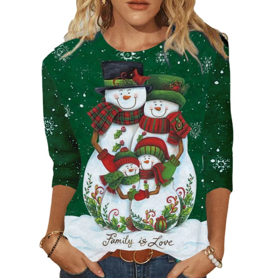 2024 Europe and the United States cross-border women's wish independent station ebay Christmas printing long sleeve T-shirt foreign trade manufacturers in stock