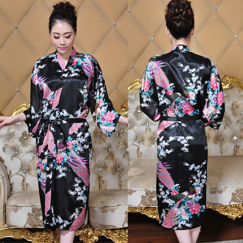 Factory Direct Supply Imitation Silk Peacock Nightgown Bathrobe Long Printed Summer Sexy Loose Large Size Lace-up Japanese Kimono