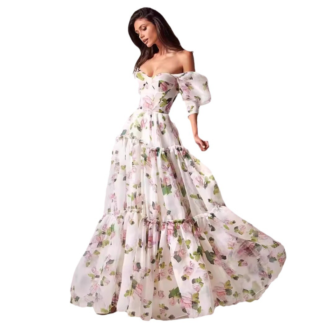 Europe and the United States cross-border new off-shoulder European and American women's fashion organza fairy long temperament evening dress dress