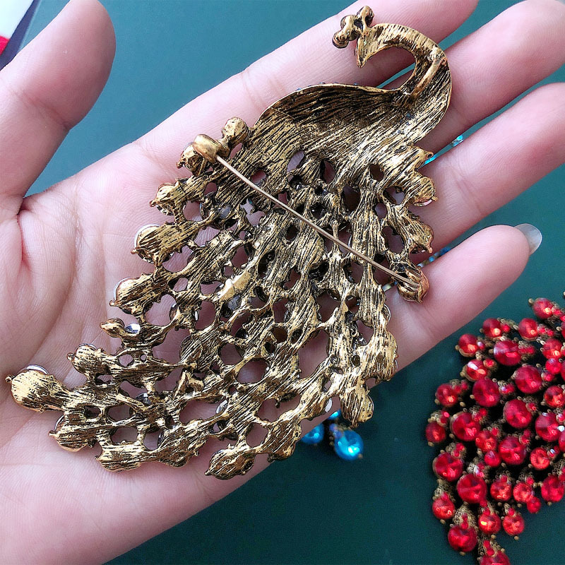 Vintage Crystal Peacock large brooch hundred birds facing Phoenix women's coat accessories coat Phoenix pin animal suit accessories