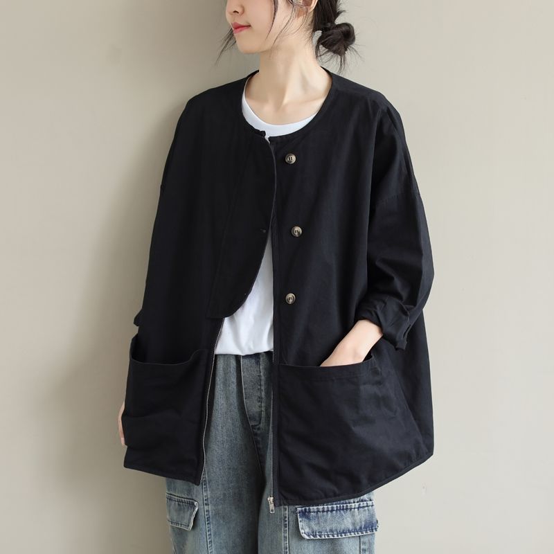 Large Size Artistic Crewneck Coat Women's Short Loose Casual Top Autumn Overalls Jacket Korean Style Large Pocket Coat
