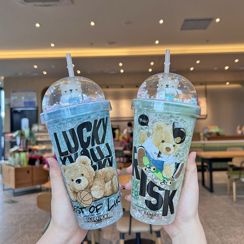Cross-border new high-looking teddy bear cartoon plastic water cup straw Cup double-layer Cup sequins ice Cup