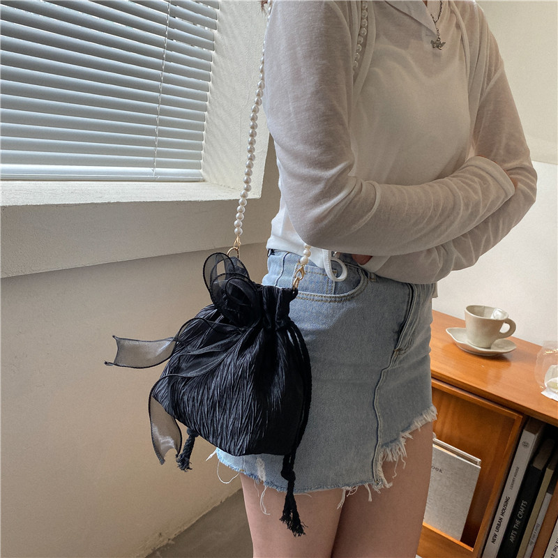 2022 Korean Style Lace Small Bag Women's Crossbody Shoulder Styish Small Bag Fairy Handbag Pearl Chain Bucket Bag