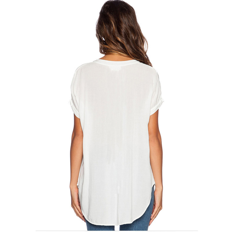 2017 Summer European and American Fashion New Women's V-neck Short Sleeve Front Short Back Long Loose Chiffon Shirt Top Shirt Women's