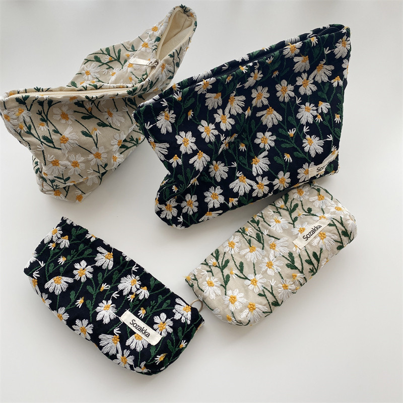 19221小清新刺繍デイジー花化粧バッグ女性シンプル携帯筆袋大容量日系文芸|undefined