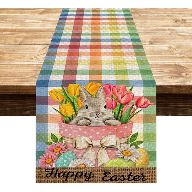 Cross-border linen table runner new Easter rabbit decoration creative printing dining table decoration cloth kitchen entrance tablecloth