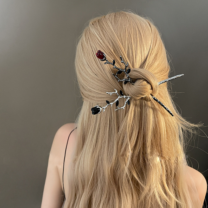 Rose hairpin silver metal women's high-grade new Chinese style updo hairpin personality unique design sense hairpin