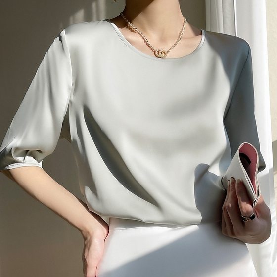 Breathable Silk Silk 2024 Spring and Summer New Women's Crewneck Loose Solid Color Acetic Satin All-match T-shirt Top