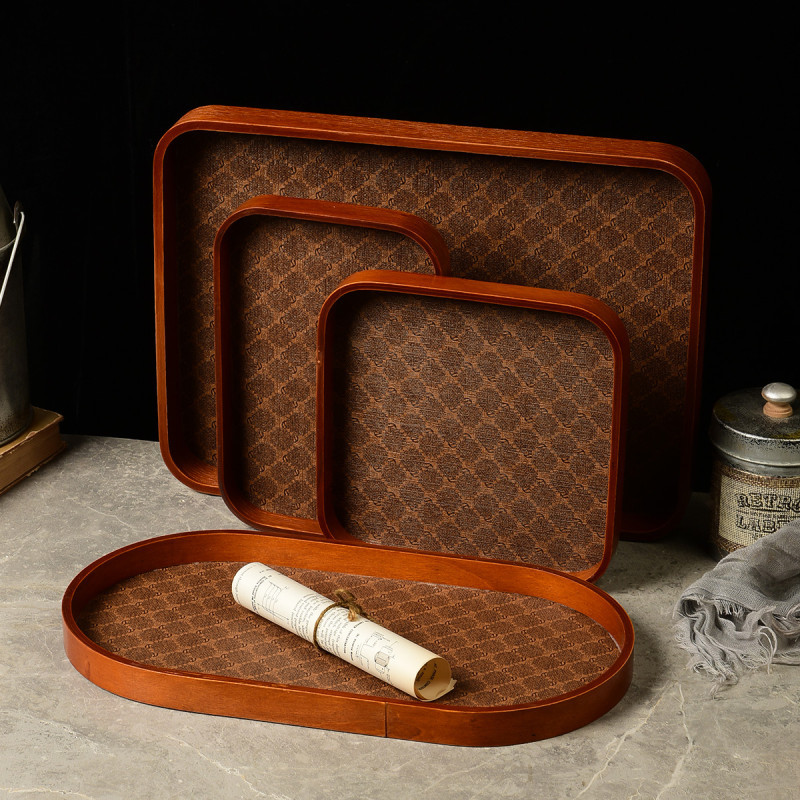 Light Luxury Leather Chinese Tea Tray Vintage Chinese Internet Famous Desktop Jewelry Ornaments Key Porch Storage Box Tray Home