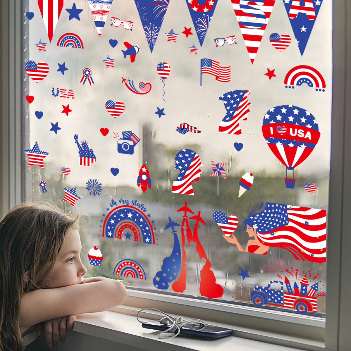 2023 Amazon USA Independence Day Sticker Party Party Double Sided Static Electric Window Decoration Removable Wall Sticker