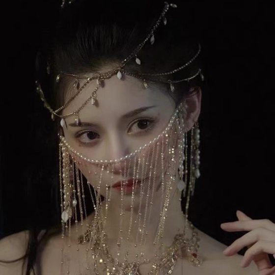 Face Curtain Antique Face Covering Veil Tassel Hanging Ears Hanfu Ancient Dress Headwear Face Covering Full Set of Jewelry Super Fairy Accessories