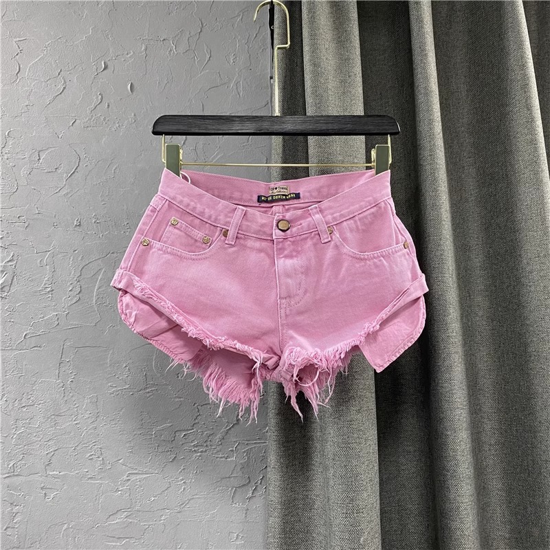 2024 New Women's Clothing Korean Style Distinctive Low Waist Pink Denim Shorts Distinctive Pocket Wide Leg Hot Pants A- line Pants