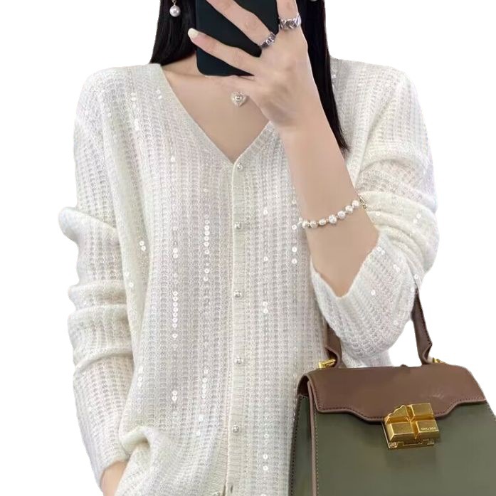 Early autumn heavy-duty sequined cardigan women's V-neck loose high-grade pearl buckle sweater versatile knitted long-sleeved coat