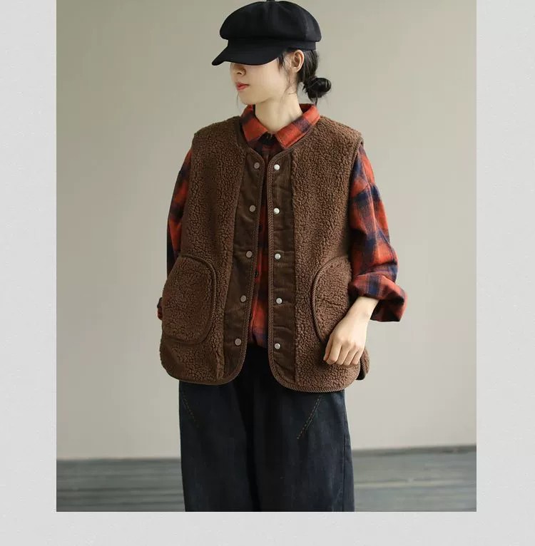 Gilet in pelliccia di agnello bifacciale per donna autunno e inverno Nuovo gilet retrò artistico ampio in velluto a coste cappotto positivo e negativo cappotto imbottito in cotone_voghion.com