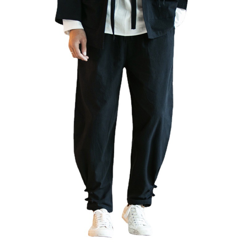 Spring and Summer Solid Color Cotton and Linen Buckle Ankle Pants Chinese Style Casual Trendy Japanese Style Men's Linen Pants