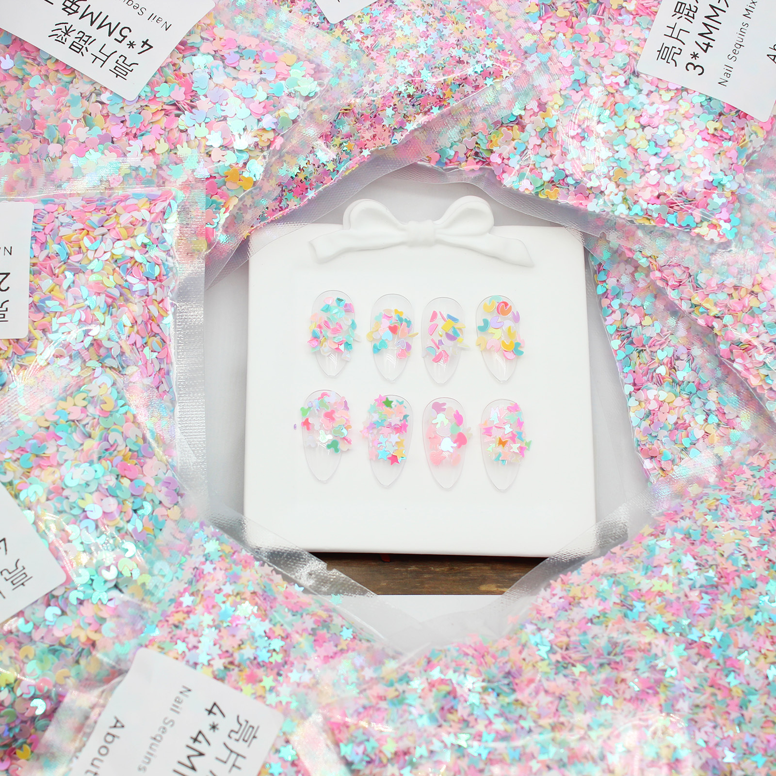 Wholesale whole package nail art sequins series mixed flash laser PVC milk color film DIY material flow hemp filler