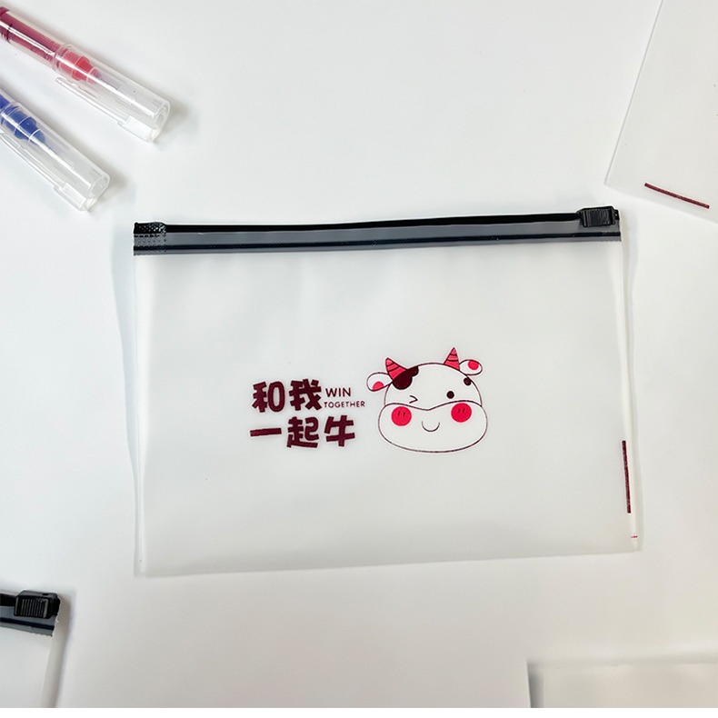 PE Frosted Bag Zipper Bag Student Stationery Pen Refill Bag Transparent Ring Zipper Bag Cartoon Packaging Bag