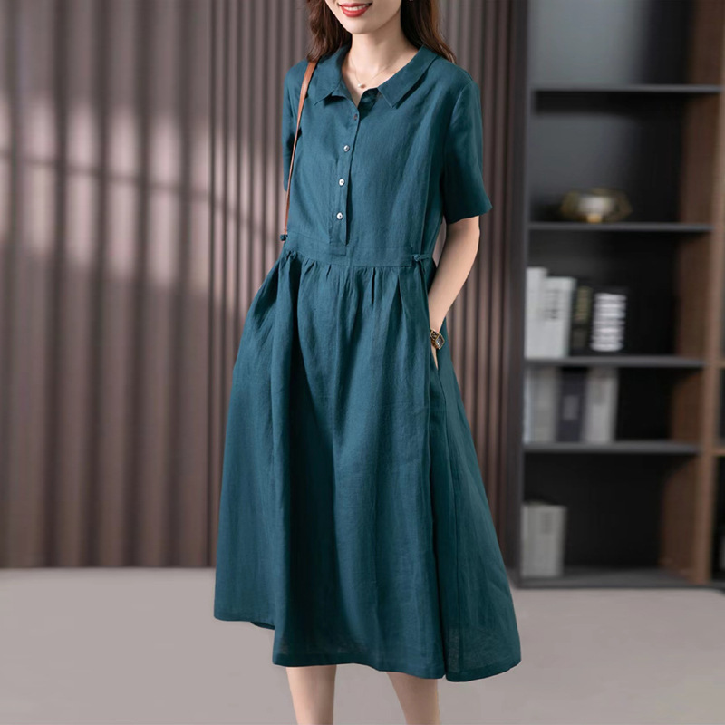 2023 Summer New Artistic Loose Stitching Solid Color Cotton and Linen Lap Short-sleeved Dress Women's Mid-length #6536