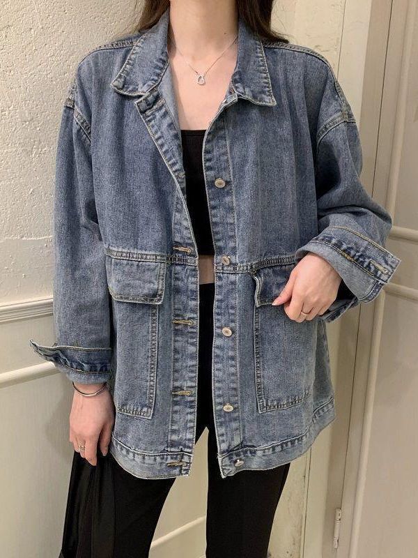 Denim jacket for female students spring and autumn Korean style new loose jacket BF versatile large pocket mid-length workwear top