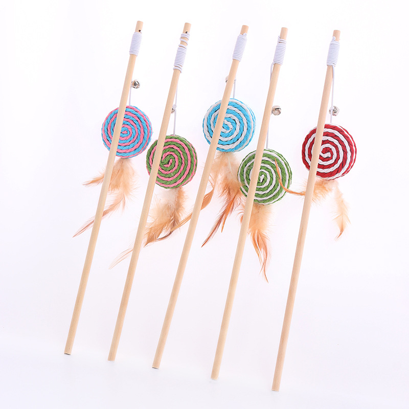 Funny cat stick in stock leather Taobao linen feather Bell funny cat toy solid wood wooden pole pet cat toy wholesale