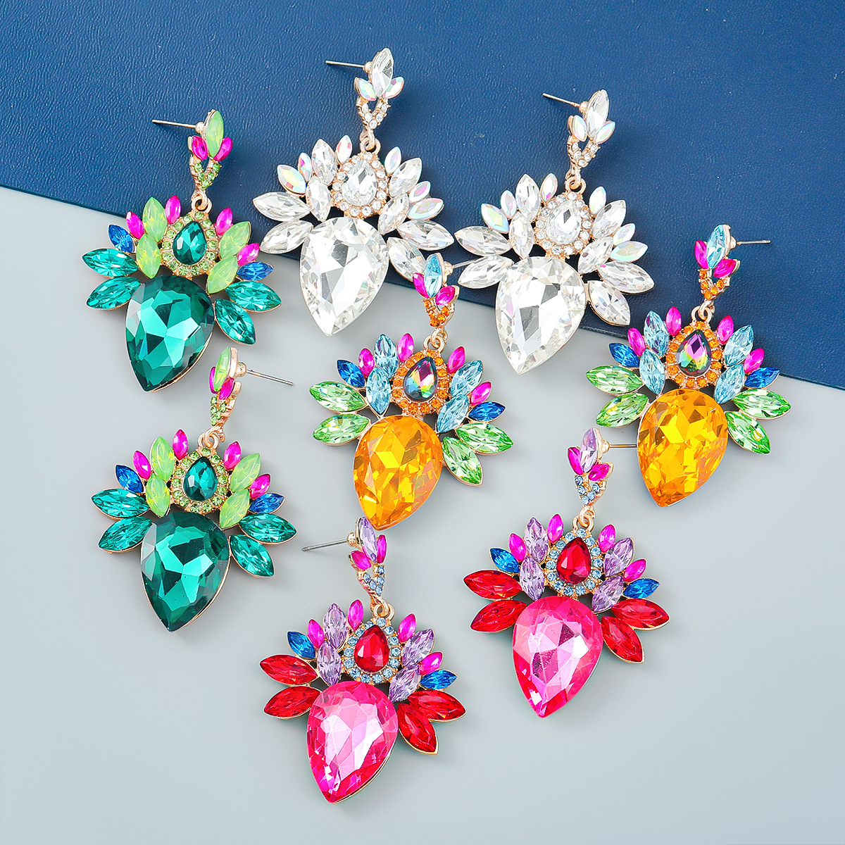 2022earrings時尚彩鑽合金鑲鑽花卉耳環歐美跨境水滴形玻璃鑽耳墜