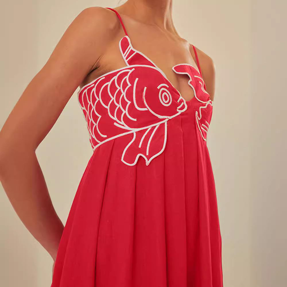 European and American Cross-border 2024 Summer New Fashion Distinctive Red Fish-shaped Tube-shaped dress Strap Backless Long Dress