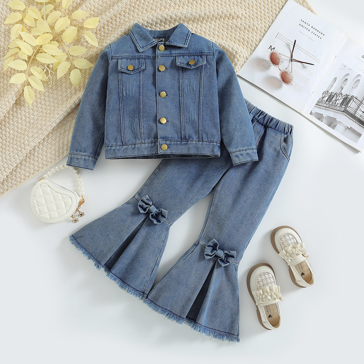 SAMGAMIBABY cross-border children's clothing Spring and Autumn New girls' denim suit all-match jacket denim flared pants - ShopShipShake