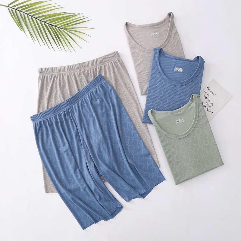Summer Men and Women Couple Ice Sense Home Clothes Suit Seamless Short Sleeve Short Pants Silk Pajamas Outer Wear Thin Wholesale