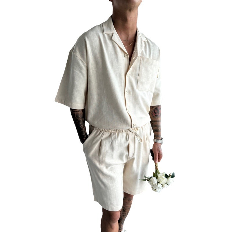2024 Summer Casual Lasel Pocket Design Loose Short-sleeved Shirt Half Shorts Men's Two-piece suit