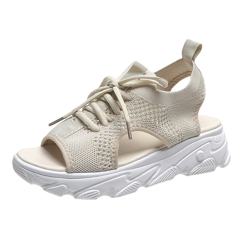 Large Size Sports Sandals Women's 2021 Summer New Thick-soled Fly-woven Soft-soled Casual Flat Hollow Fish-mouth Beach Sandals
