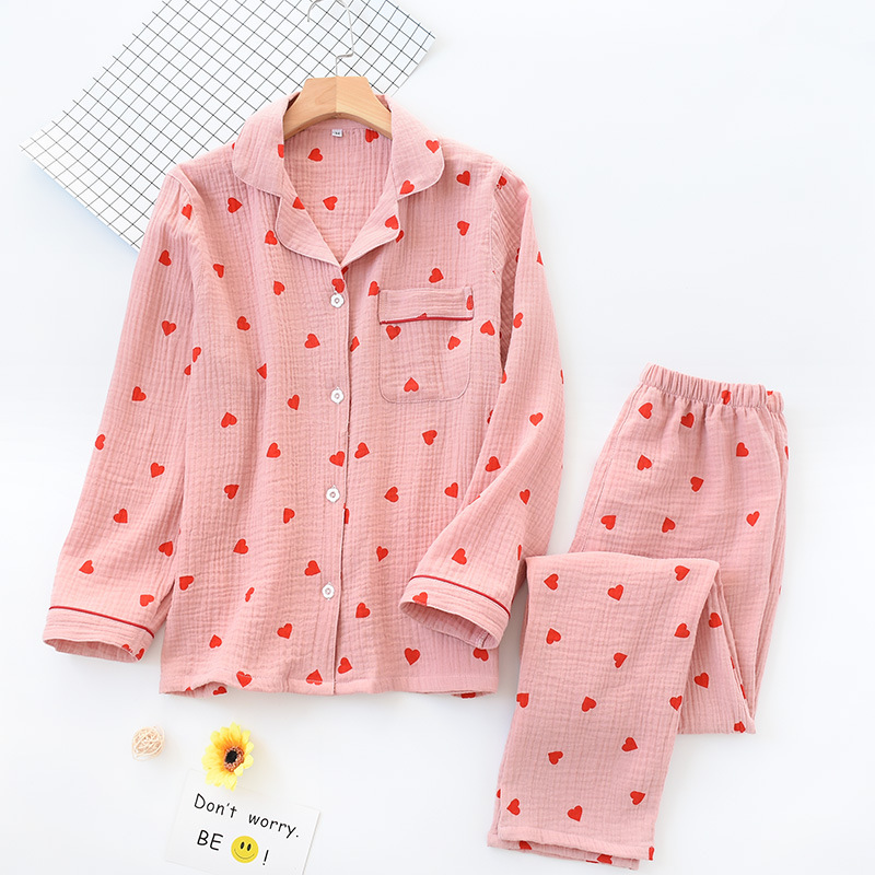 New Spring Summer Autumn Cotton Cotton Yarn Women's Pajamas Lapel Cute Little Heart Long Sleeve Trousers Home Clothes suit