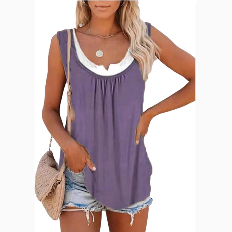2023 Summer new European and American Amazon women's top solid color stitching sleeveless pleated vest T-shirt