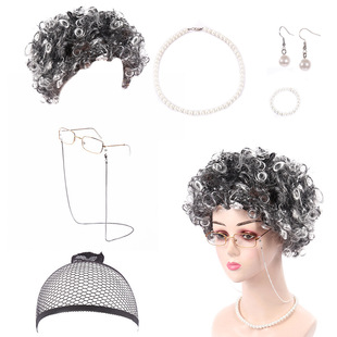 COS wig old man white wig women short curly hair silvery white hair Halloween granny old woman hair head cover